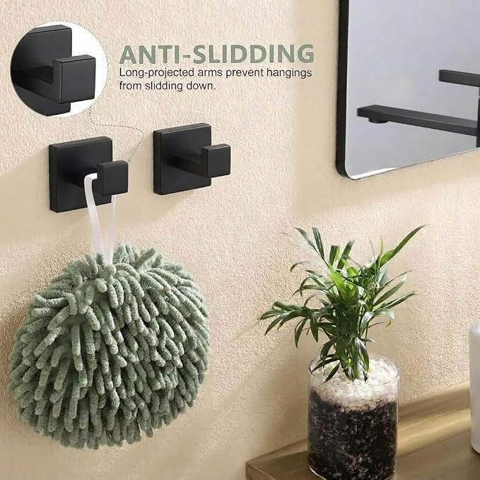 5-Piece Bathroom Hardware Set, 23.6 in Towel Bar, Matte Black | SUS304 stainless steel, 55 mm square bases, concealed screw mount, towel ring, toilet paper holder, 2 robe hooks
