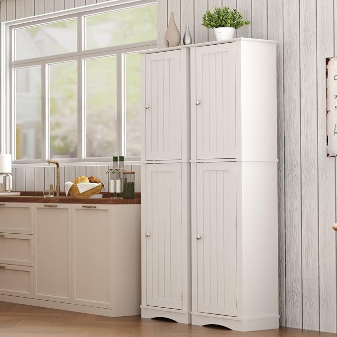 Function Home Tall Storage Cabinet, 64" Narrow Bathroom Cabinets, Freestanding Kitchen Pantry with Door Storage Shelves, Wooden Slim Floor Cabinets for Kitchen Dining Living Room, White