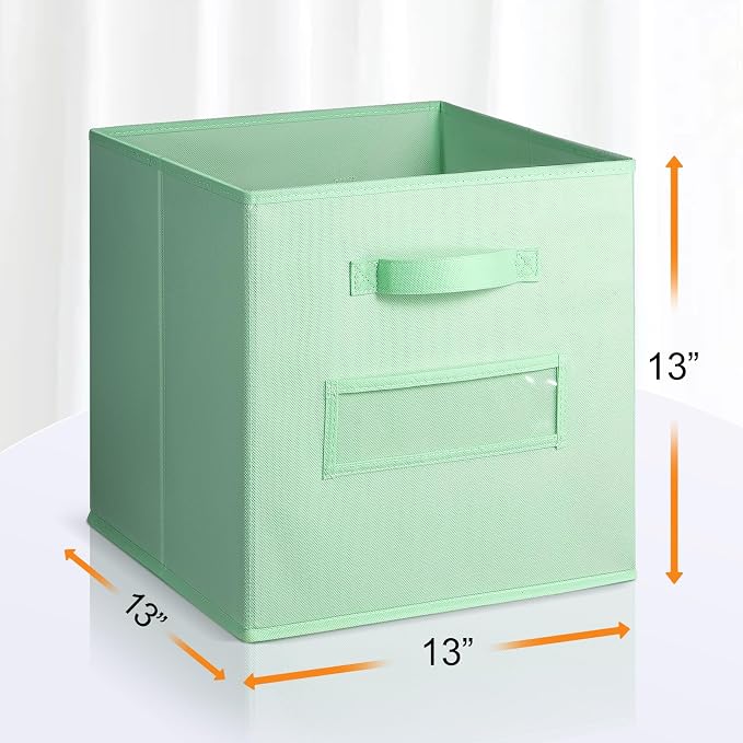 13x13x13 storage cube bins(Set of 8) Fabric storage cubes with 8 Labels Window Cards & a Pen, storage cubes 13x13, Collapsible 13 inch cube storage bins, Cubby Organizer Boxes, Grass Green