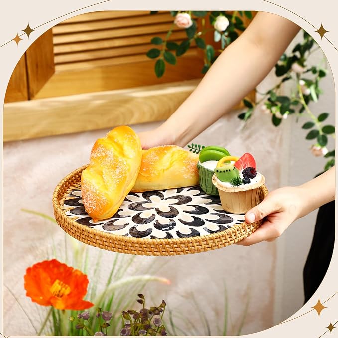 3 Pcs Round Rattan Tray with Mother of Pearl Inlay Wicker Serving Tray with Wooden Base Boho Decorative Wicker Basket for Table Decor Bathroom Candle Perfume(Modern Style)