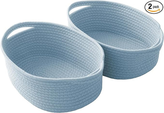 JMvicyroam Small Woven Basket, Empty Gift Basket, Blue/2 Pack | Small Gift Basket, Cotton Rope, 12 x 8 x 31 in, Handles, Includes Ribbon and Bag, Birthday Gift Basket