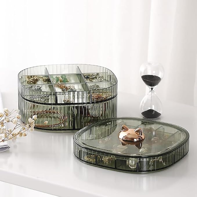 HALAFE Jewelry Box, 3-Layer Acrylic Jewelry Organizer with Cat Shape Handle, Clear Jewelry Boxes for Women Girls, Make up Organizer, Jewelry Storage Holder (Green, Cat)
