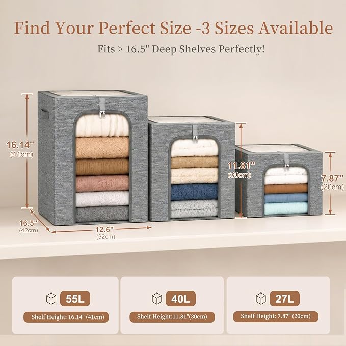 GoMaihe Baby Clothes Storage Bins with Metal Frame 27L 3-Pack Grey | Kids Toddler Child Clothing & Towels Small Items, Closet Top Shelf Boxes, Collapse-Proof Stackable, Clear Window Dual Access