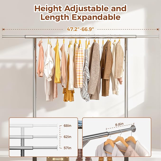 Luxspire Double Rod Clothing Racks for Hanging Clothes Load 650 LBS, Silver | Zinc-iron alloy frame, 2-tier sturdy shelves, lockable silent wheels, adjustable extendable rods for bedroom & laundry room