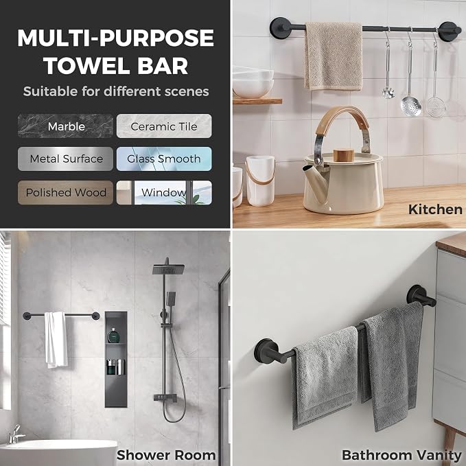 Adjustable Suction Cup Towel Bar for Bathroom Wall,14.6Inch~24 Inch Towel Racks for Bathroom,Stainless Steel Bath Towel Holder for Shower,2 Pack(Matte Black)