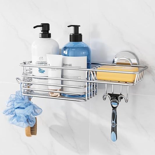 TAILI Shower Caddy Suction Cup with Hooks & Soap Holder, Heavy Duty Bathroom Shower Organizers, Removable Bathroom Shelves for Inside,Stainless Steel Bathroom Holder