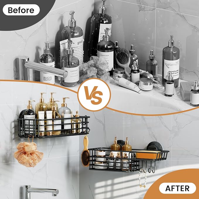 LEVERLOC Shower Caddy Suction Cup, 2 Pack Suction Shower Shelf With Hooks | Black Shower Caddies, Soap holder, NO-Drilling Bathroom Holder, Rustproof bathroom organizer