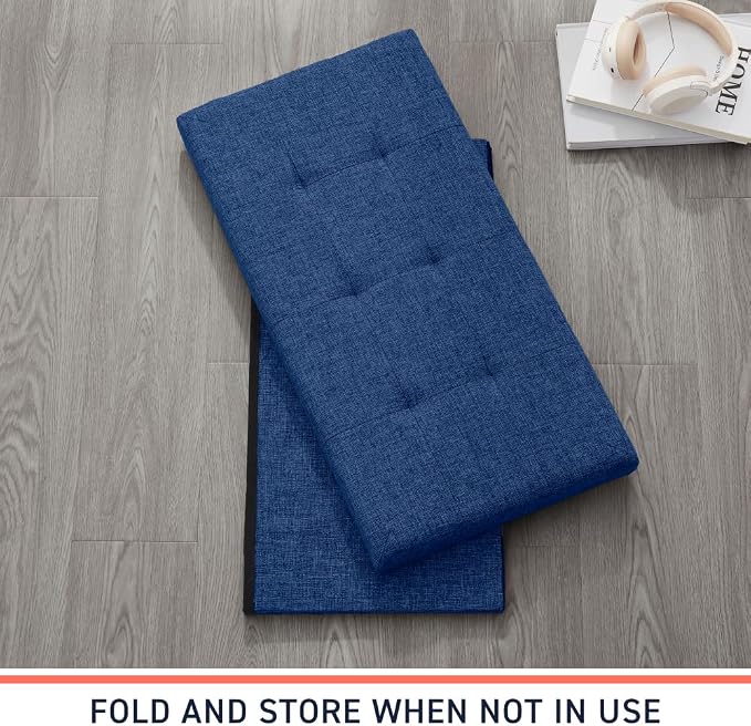 Ornavo Home 30 Inch Folding Storage Ottoman Bench, Tufted Linen, Navy Blue | Upholstered Large Ottoman with Lid; Foot Rest Stool; Ideal for Bedroom, Living Room or Entryway
