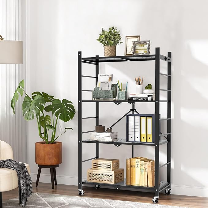 Himix 4-Tier Foldable Storage Shelf with Wheels 20 Hooks Black No Assembly | Metal collapsible organization, Folding storage rack, Wire shelving, Unit Rolling Cart, Kitchen, Garage, Holds 352 Ibs