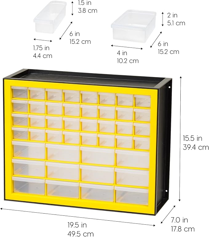 IRIS Plastic Hardware Storage Drawer, 44 Drawer Parts Cabinet - Yellow | Wall-mountable, Stackable, Building Bricks, Screws, Nuts & Bolts, Hardware, Garage Tool Storage