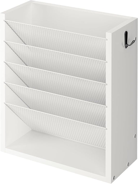 Mail Organizer Wall Mounted, 6-Slot Hanging File Organizer with Key Holder | Mail Sorter, Wood Letter Holder for Envelopes Bills Magazine Folders Papers Accessories for Home Office, White
