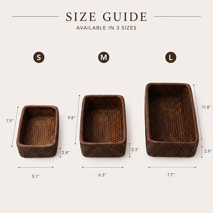 Yangqihome Natural Rattan Storage Baskets, Rectangular Woven Fruit Baskets, Decorative Wicker Basket and Small Baskets for Organizing,Set of 3, (Brown)