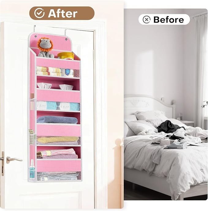 Over the Door Organizer, 4 Large Pocket Hanging Storage with 40lb Capacity | Space Saving Door Storage for Nursery, Bathroom, Bedroom and Closet, Baby Essentials and Toiletry Organizer, Pink