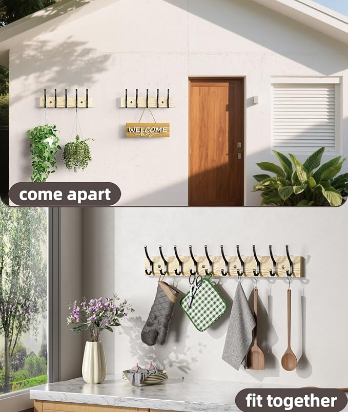 Optish 2 Pack Wooden Coat Rack Wall Mount, 16.1" Rustic Coat Hanger Hooks with 10 Double Hooks, Wall Coat Rack for Hat, Clothes, Bags, Jacket, Natural Wood