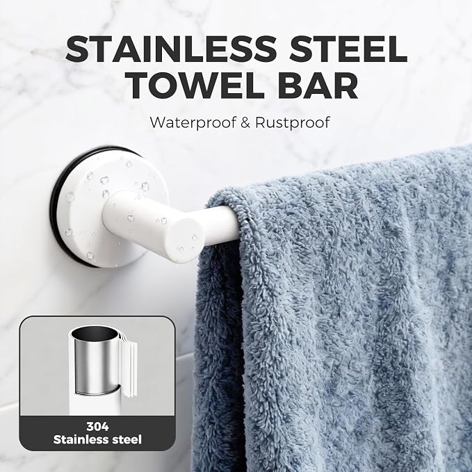 Adjustable Suction Cup Towel Bar for Bathroom Wall,17 Inch~29 Inch Towel Racks for Bathroom,Stainless Steel Bath Towel Holder for Shower,2 Pack(Matte White)
