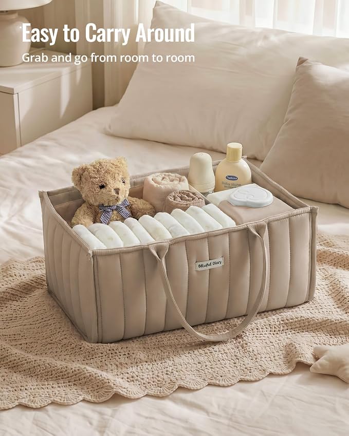 Blissful Diary Baby Diaper Caddy Organizer, Stylish Storage Basket for Newborn Essentials and Diaper Station, Gift for Baby Shower and Registry Must-Have, Sand