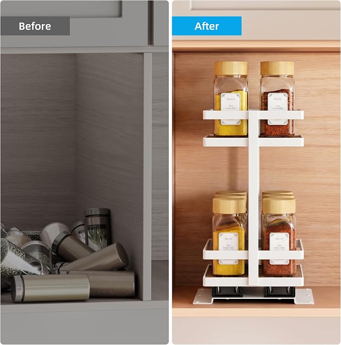 Pull Out Spice Rack 2Pcs Metal & Wood Seasoning Organizer White | No-Drill Install | Full-Extension Silent Glide | Each Tier Holds 10–12 Standard Spice Bottles | Rustproof, Wipe-Clean Surface