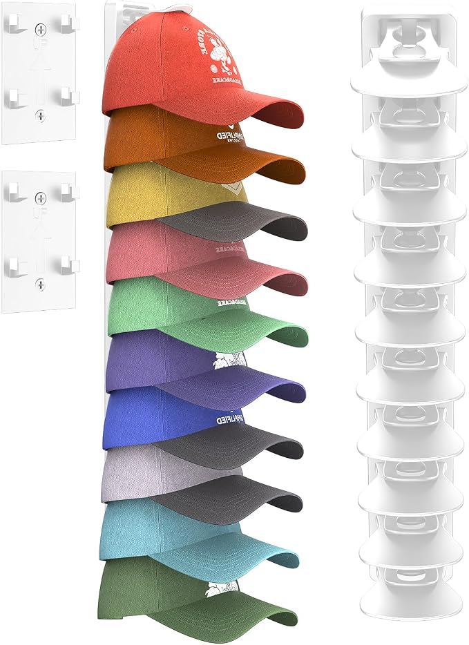 Hat Organizer for Baseball Caps 1 Pack, Adhesive Hat Rack for Wall Hold Up to 20 hats (White-1 Pack+2 Fixed Glue)