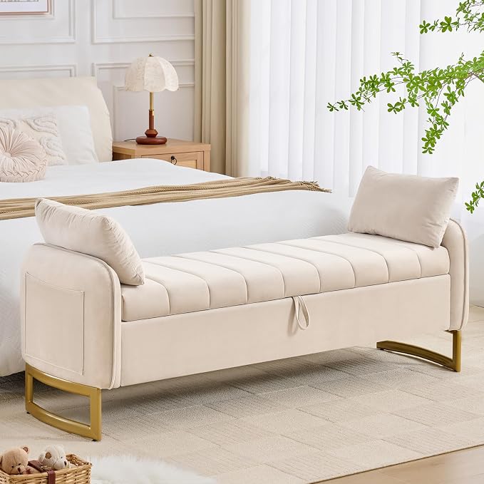 66" Storage Bench for Bedroom End of Bed, King Size Bed Bench with Golden Legs,Storage Ottoman Bench with Arms and 2 Pillows for Foot of Bed Living Room Window Entryway, Beige