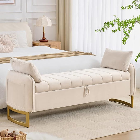 66" Storage Bench for Bedroom End of Bed, King Size Bed Bench with Golden Legs,Storage Ottoman Bench with Arms and 2 Pillows for Foot of Bed Living Room Window Entryway, Beige