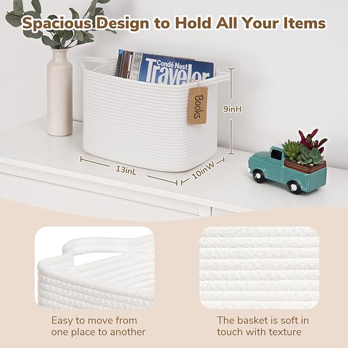 Goodpick Small Woven Rope Storage Basket for Shelves, White | 13 × 10 × 9 in, Rectangle, Handles, Shelf & Nursery Organization, Toys, Books, Towels & Daily Essentials Storage
