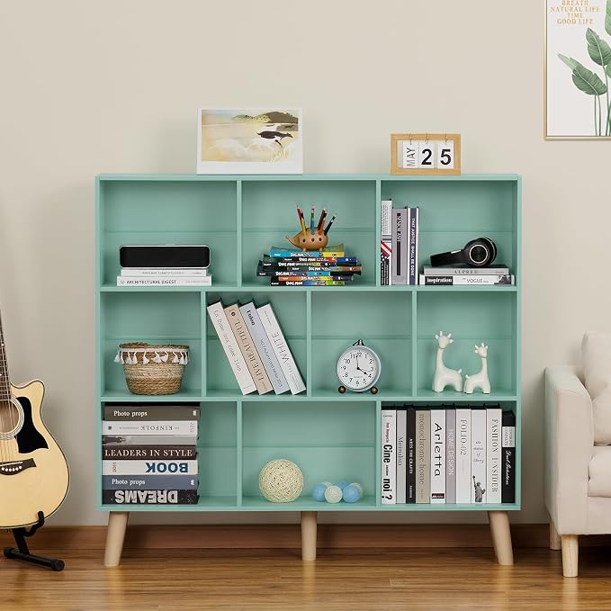 LEYAOYAO 10 Cube Bookshelf, Mid-Century Modern Book Shelf with Legs, Green | 3 Tier Bookcase, Rustic Wood Bookshelves Freestanding Large Storage Organizer, Open Shelves for Bedroom, Living Room, Office