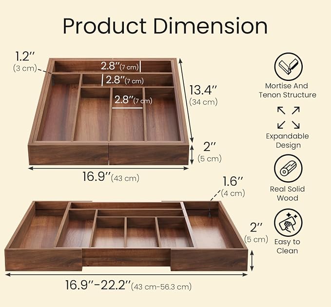 Fibogollo Expandable Large Acacia Wood Silverware Organizer，6-8 Slots | Adjustable Drawer Organizer,Flatware and Utensils Organizer Tray,Utensil Holder（16.9-22.2 x 13.4 x 2 inch）