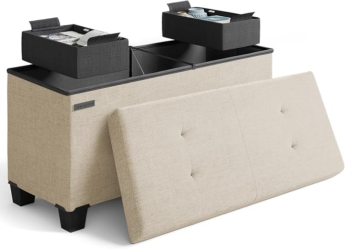Storage Ottoman Bench with Bins, 30-in Storage Bench for Bedroom End of Bed, Folding Foot Rest Ottoman for Living Room Max 660lbs, Fabric Ottomans, Beige