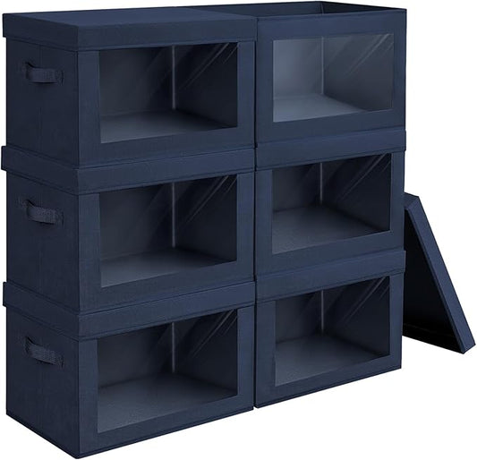 Homsorout Stackable Storage Bins with Lids - Large Storage Box with Lids, Foldable Closet Boxes for Organizing, Wardrobe Clothes Organizer with Window, Cubes Bins for Living Room, 6 Pack, Navy Blue