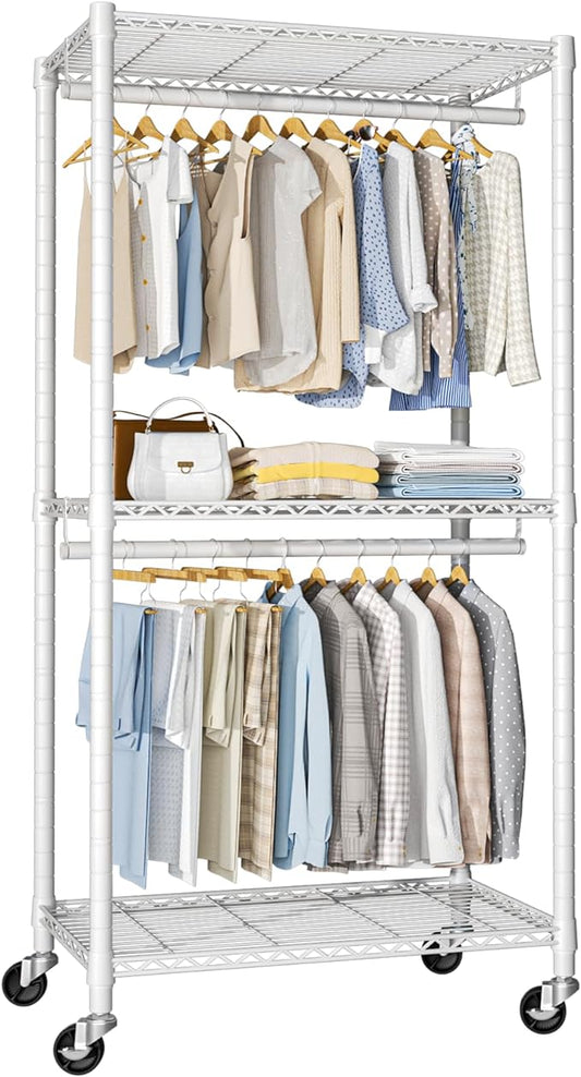 FUTASSI P1 Medium Heavy-Duty Portable Closet, 30" W x 14" D x 76" H, White | Metal Rolling Clothing Rack, Closet System with Wheels and Shelves for Hanging Clothes, Portable Wardrobe Organizer Storage