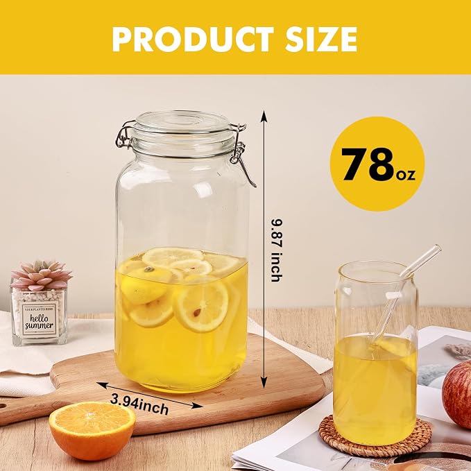 Liuruiyu 78oz Glass Food Storage Jars with Airtight Clamp Lids, 3 Pack Wide Mouth Large Kitchen Canisters for Flour, Cereal, Beans, Pasta and Canning, Square Mason Jar with Labels