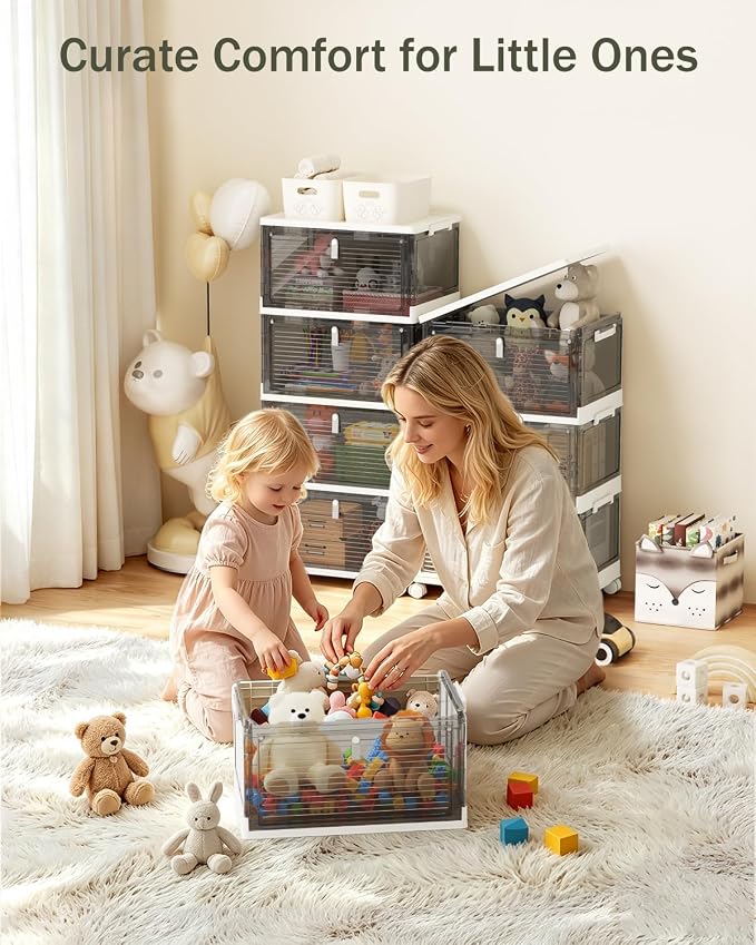 23QT Stackable Storage Bins with Lids and Wheels, 4 Tier 92QT Foldable Plastic Storage Drawers with Magnetic Doors, 4 Pack Collapsible Closet Organizer for Bedroom Office, Clear Gray