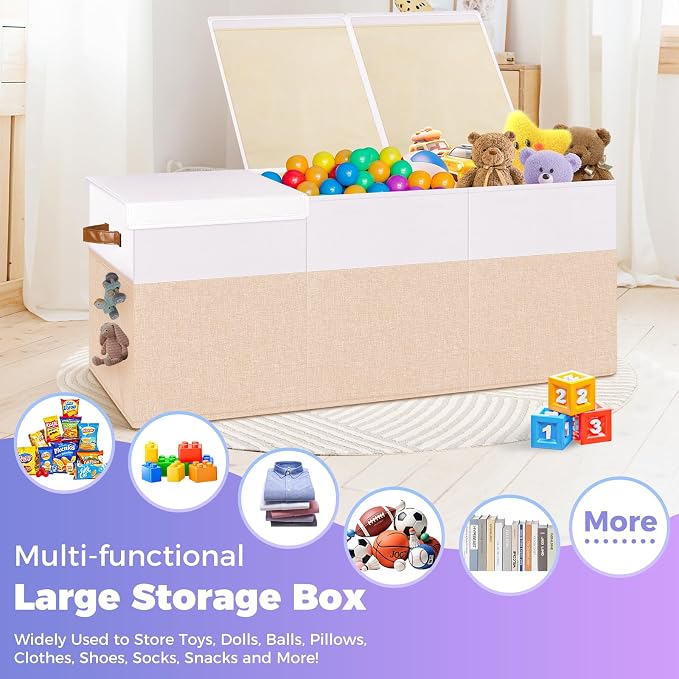 Extra Large Toy Storage Box with Lid, Collapsible Sturdy Toy Chest Storage Organizer Bin Basket with Divider for Kids, Boys, Girls, Closet, Playroom, Bedroom, Nursery, 40"X14"X16", Beige & White | Sturdy Kids Toys Bin with 2 Mesh Pockets and Dividers f...