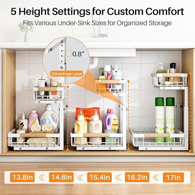 PXRACK Under Sink Organizer, Adjustable Height, 2 Tier Pull Out Under Cabinet Organizer, Slide Out Thickened Metal Under Sink Storage for Kitchen Bathroom Laundry Pantry Cabinet, White, Large-2-Pack