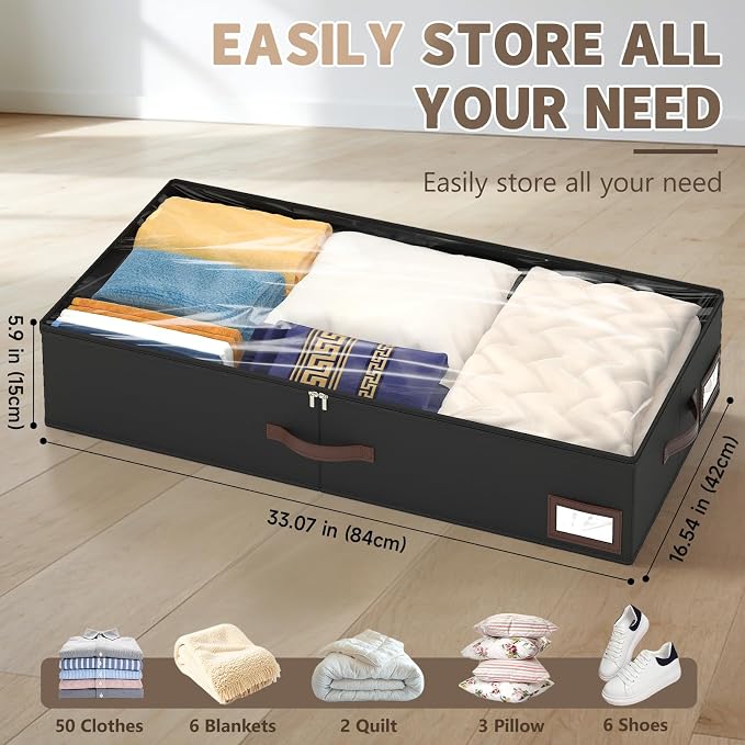OIAHOMY 2 Pack Under Bed Storage with Handles, Underbed Container for Bedroom & Closet, Fits Beds Higher than 6", Under the Bed Storage for Seasonal Clothes, Blankets & Shoes - Black