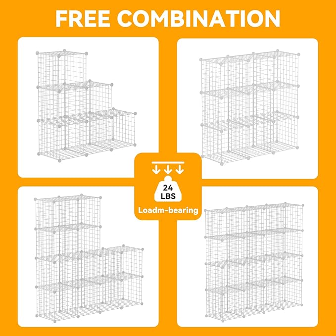 HUBSON Wire Cube Storage Organizer, Book/Toy/Craft/Potted Plants and petCloset Organizers and Storage Shelves, 12-Cube Freely Combinable Metal Grids Storage Shelf, White Iron
