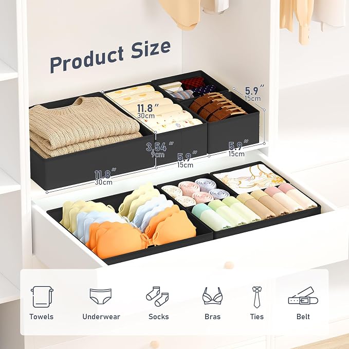 DIMJ Drawer Organizer Clothes 26 Pack - Foldable Baby Organizers and Storage & Closet Organizers for Bedroom, Closet - Nursery Organization Dresser Dividers for underwear, Sock,Bra, Belt, Tie,Black