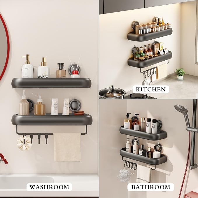 CICUFY Shower Caddy Suction Cup, 2 Pack No Drilling Corner Shower Shelves, Rust Proof Bathroom Storage Organizer, Shower Corner Caddy with Removable Hooks and Towel Bar, Square, Grey