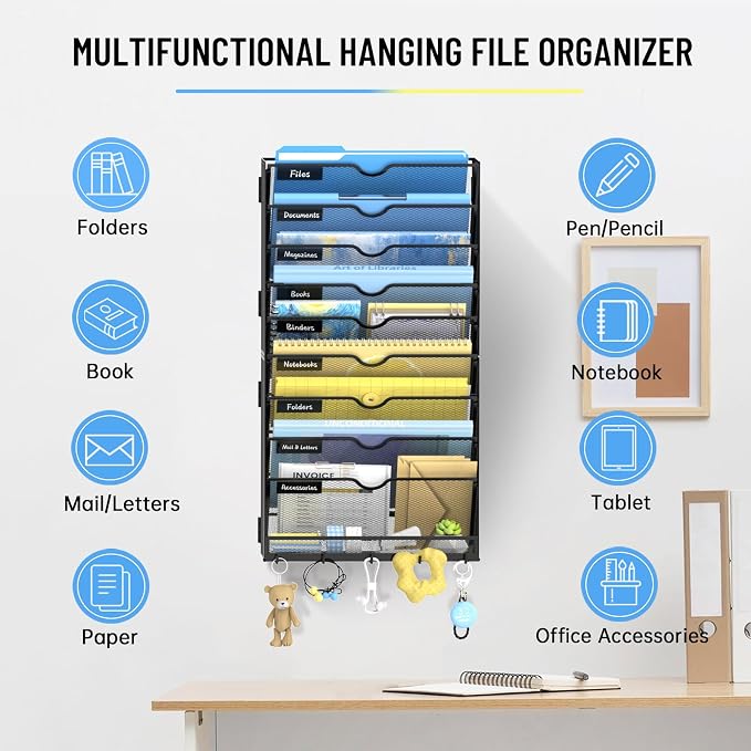 10-Tier Wall File Organizer with Hooks, Hanging File Organizer | Metal Mesh Mail Organizer, Wall Mounted File Organizer for Home, Classroom, Office Organization