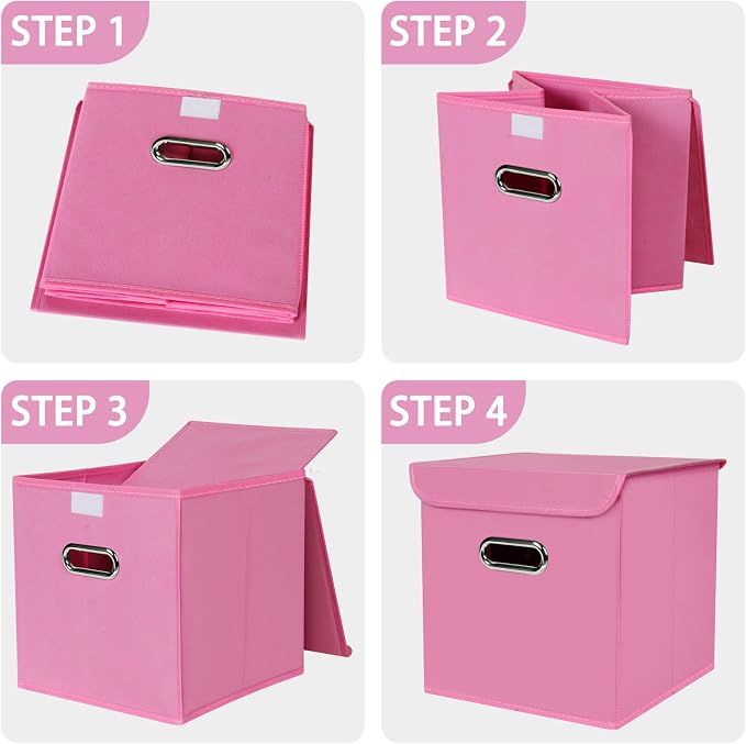 Closet Organizers Fabric Storage Bins With Lids Collapsible Cube Storage Organizer Basket With Handles,Storage Boxes for Clothes Storage,Office,Laundry,Shelves,6 Pack,（Pink）
