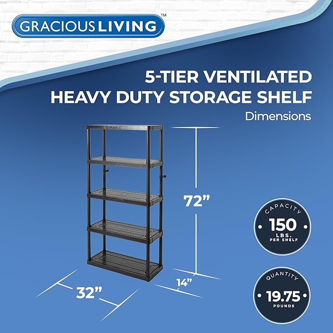 Gracious Living 5-Shelf Plastic Storage Shelves, Heavy-Duty Garage Shelving Unit, Black - Standing Organizer Rack for Kitchen, Bathroom, and Laundry Room
