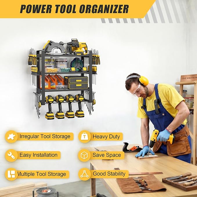 4-Tier Power Tool Organizer Wall Mount, 200LBS Capacity, 4 Drill Holders | 3-Tube Reinforced Design, Holds 50+ Tools, Cordless Tool Organizer, Rust Resistant, Quick Assembly, Garage Gift for Men