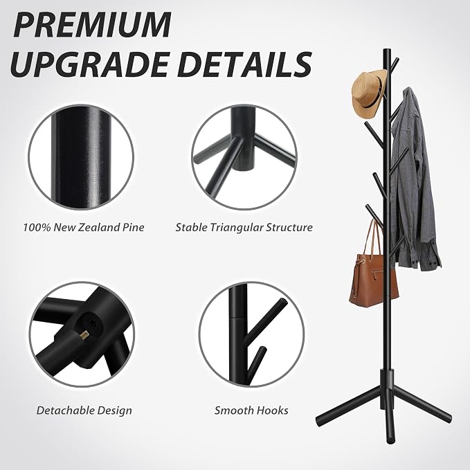 Unisakey 8-Hook Freestanding Wooden Coat Rack 3 Adjustable Heights Black | Stable Triangular Base for Safety,Durable Construction,Simple Tool-Free Assembly,Ideal for Bedroom Hallway Office Entryway