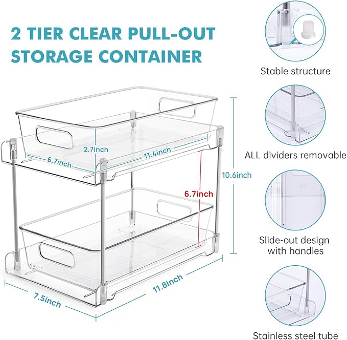 2 Pack Clear Bathroom Organizers and Storage, 2 Tier Pull Out Under Sink Cabinet Organizer Plastic Drawer Organization and Storage for Bathroom and Kitchen
