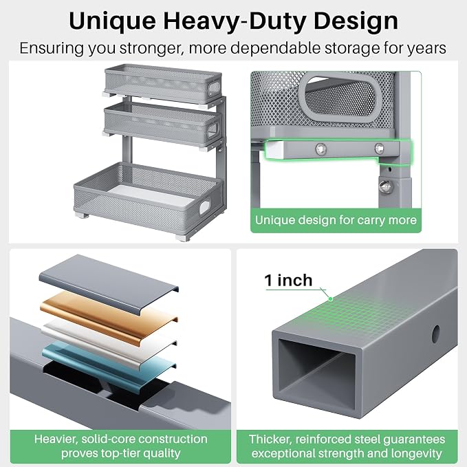 Kitstorack Under Sink Organizer, 1-Pack 3-Tier Height Adjustable Thickened Metal Pull out Cabinet Organizer Shelf, Slide out Storage Drawer Rack for Bathroom Kitchen Pantry Home Organization, Grey