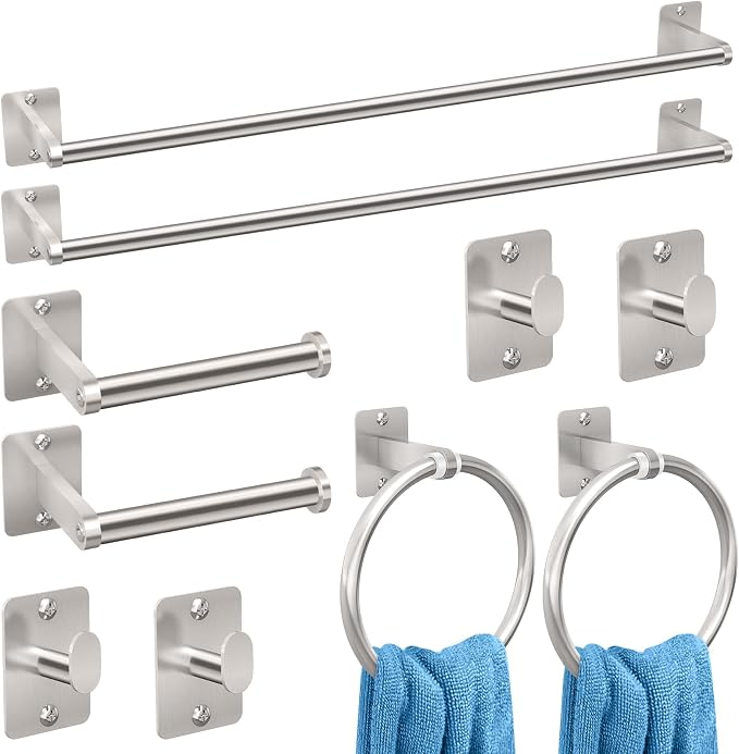 KLJKPA 10-Piece Brushed Nickel Bathroom Hardware Set, 24 inch Towel Bar | Towel Racks for Bathroom Accessories Set, Robe Towel Hooks, Toilet Paper Holder Wall Mounted