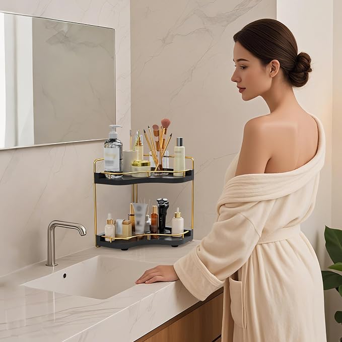 2-Tier Corner Bathroom Counter Organizer, Larger Size | Embedded Screw Holes, Sturdy & Stable, Oversized, Holds More, Vanity Shelf for Makeup & Skincare