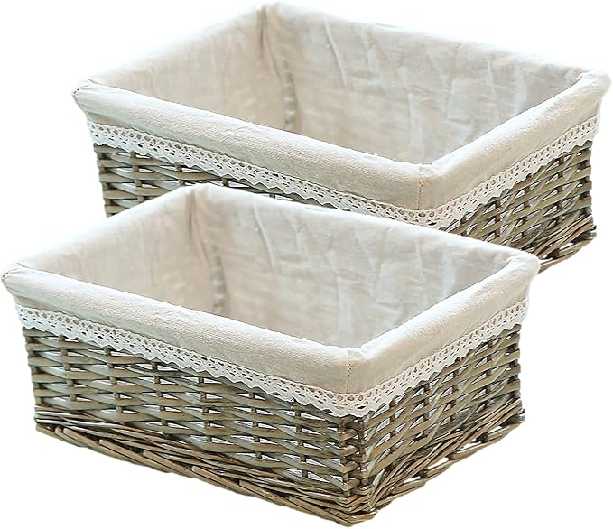 rismart Handmade Wicker Storage Baskets Woven Decorative Organizing Bins for Bedroom Bathroom Shelf Grey