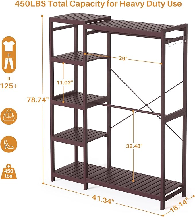 Bamboo Clothes Rack Garment Rack for Hanging Clothes, Heavy Duty Clothing Rack with 7 Tiers Adjustable Shelves, Double Rods, 4 Hooks, Freestanding Closet System Organizer Wardrobe, Espresso