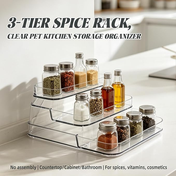 3-Tier Spice Rack 2-Pack, Clear PET Storage Set | No assembly required, fits kitchen, bathroom, pantry. Holds spices, vitamins, cosmetics. BPA-free, space-saving